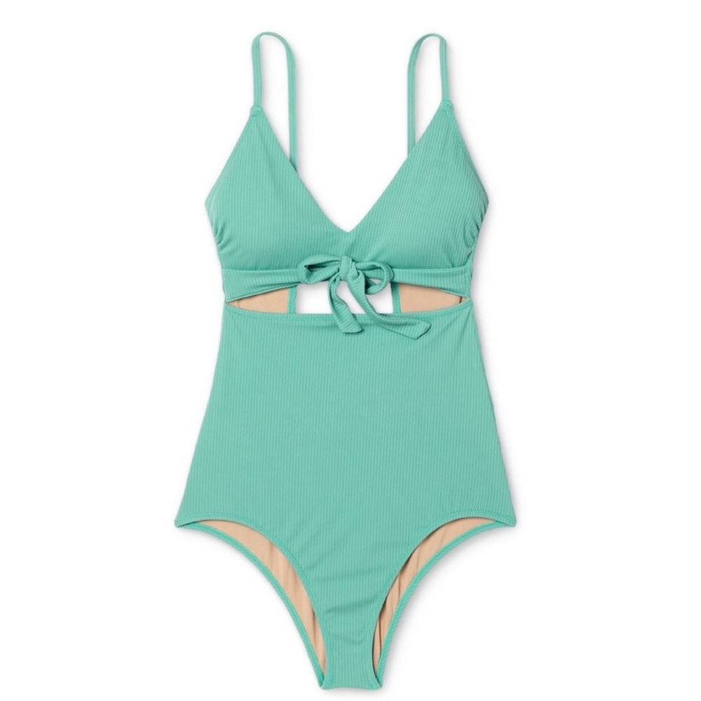 Women’s Ribbed Plunge Cut Out Sash-Tie One Piece Swimsuit size Large green